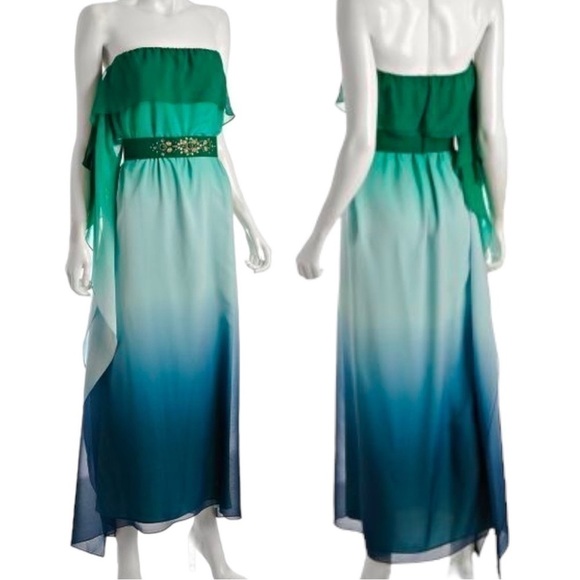 Bcbgmaxazria SILK  STRAPLESS CASCADING OMBRE CHIFFON BELT MAXI GOWN DRESS - Picture 2 of 12